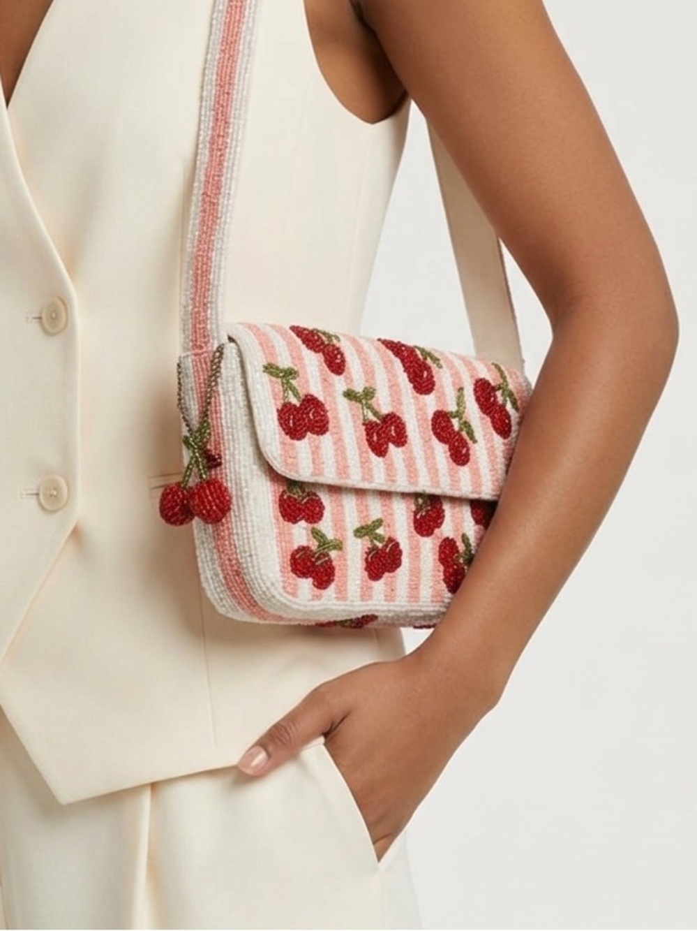 Beaded Cherry Shoulder Bag in White, Pink and Red